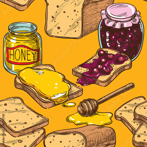 Vector seamless sketch toast with honey and cherry jam