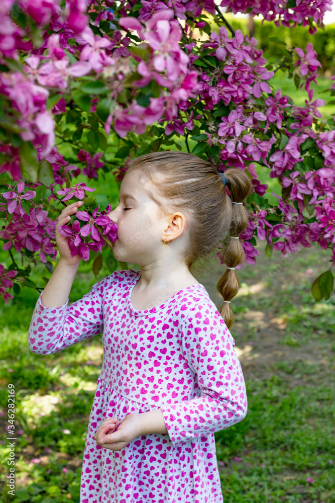 beautiful little girl in a dress possing near a flowering tree with pink blooms beautiful little girl in a dress possing near a flowering tree with pink blooms