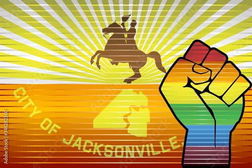 Shiny LGBT Protest Fist on a Jacksonville Flag - Illustration, Abstract grunge Jacksonville Flag and LGBT flag