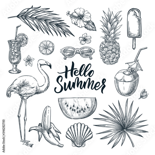 Canvas Print Hello summer hand drawn calligraphy lettering and tropical design elements set