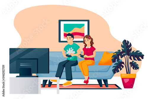 Kids play in video game. Little boy and girl with gamepads sit on sofa in playroom in front of TV. Vector illustration