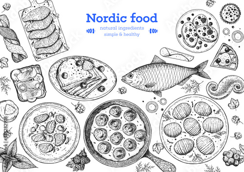 Scandinavian cuisine sketch collection. Hand drawn vector illustration. Food menu design template, engraved elements. Scandinavian food set. Smorgasbord illustration