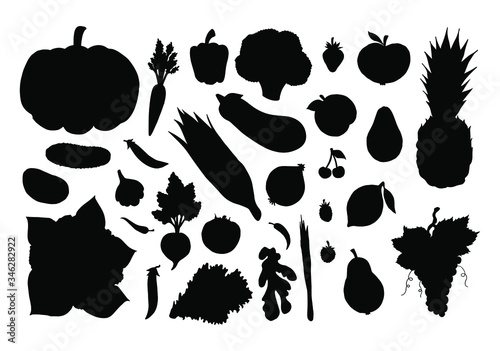 Vector set bundle of black sketch vegetables fruit and berries silhouette isolated on white background