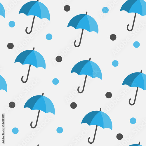 Umbrellas and blue and black dots background - autumn seamless pattern. Fabric print, decoration. Vector Illustration.