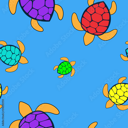 Turtles swims in the ocean. Seamless pattern