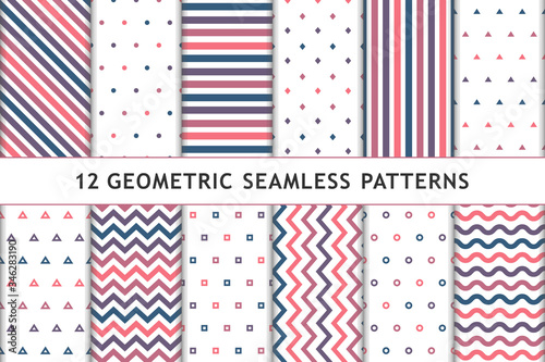 Set of 12 geometric seamless patterns. Blue, purple, pink and white colored. Dots, cubes, triangles and lines. Can be used for textile print, wrapping papers etc. Vector illustration.