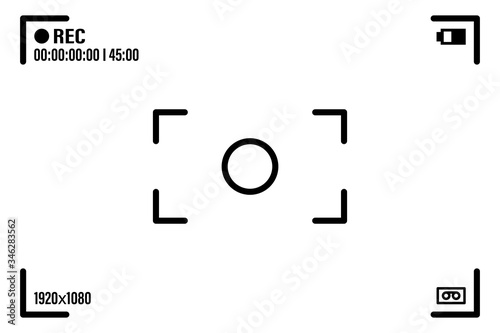 Camera screen with white frame, figures and battery symbol. Camcorder viewfinder on black background. Vector illustration for your graphic design