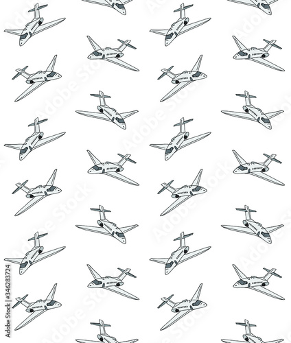 Vector seamless pattern of hand drawn doodle sketch colored airplane isolated on white background