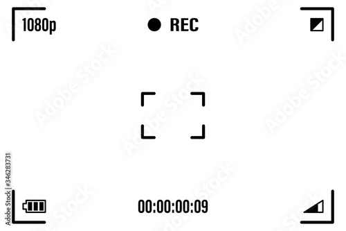 Camera screen with white frame, figures and battery symbol. Camcorder viewfinder on black background. Vector illustration for your graphic design