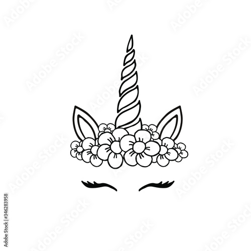 Vector hand drawn doodle sketch unicorn face with flowers isolated on white background