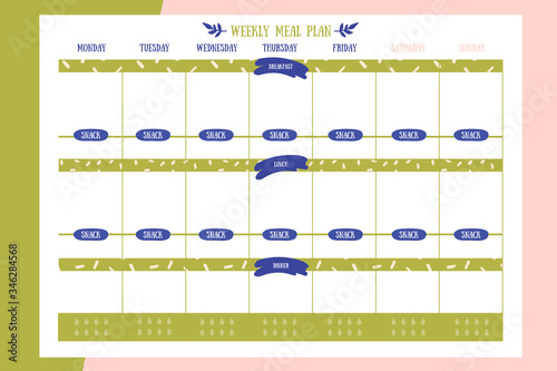 Week meal planner, daily food plan. Diet diary list, weekly organizer, A4 printable page