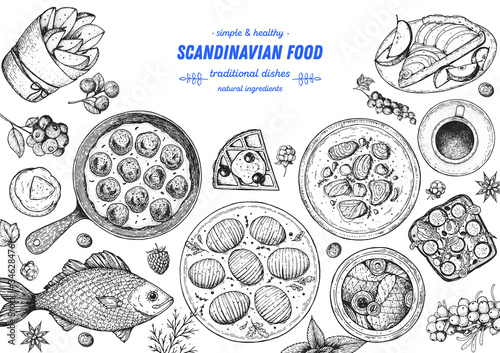 Scandinavian cuisine top view frame. Smorgasbord illustration. A set of Scandinavian dishes . Food menu design template. Vintage hand drawn sketch vector illustration. Engraved image