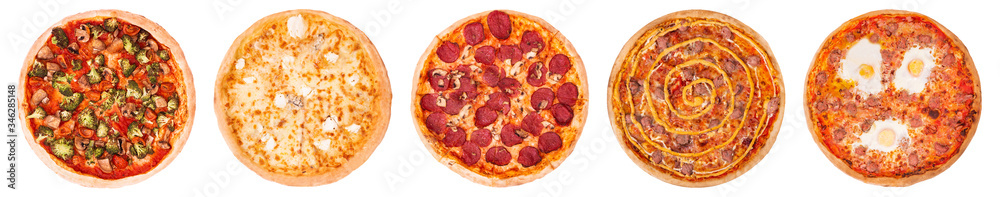 Five different pizza set for menu like veggie, quattro formaggi, salami pizza with mushrooms, salsiccia and pizza with sausages and eggs, isolated on white background