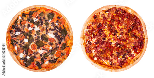 Set of two delicious pizza like pizza with feta, spinach and olive and pizza Mexico, isolated on white background, top view