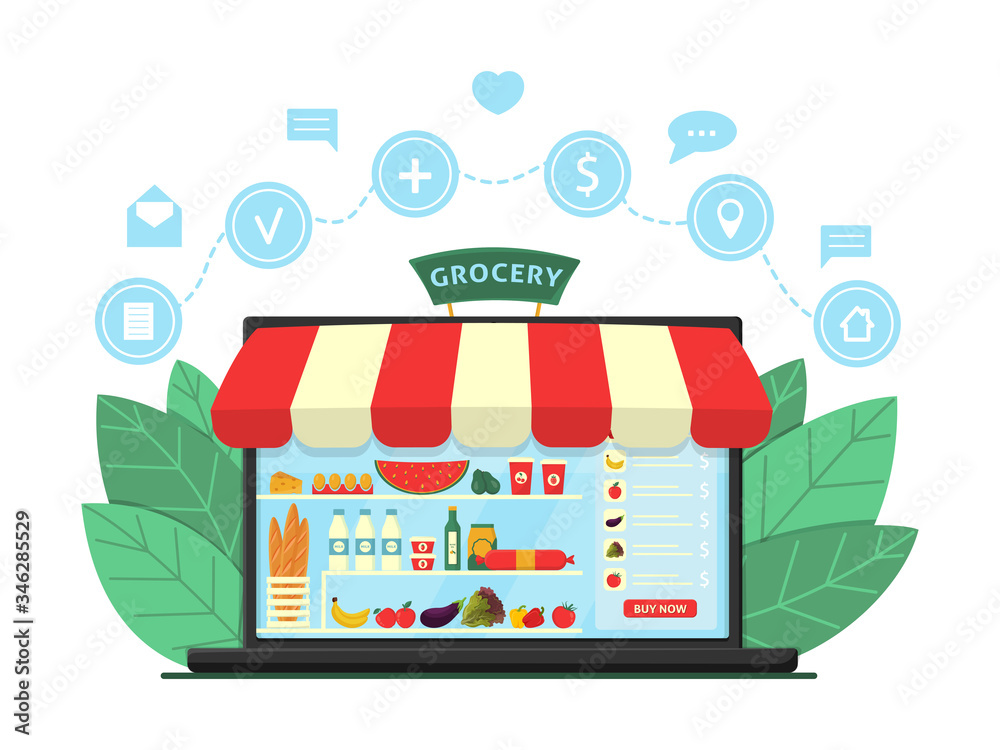 Fototapeta premium Online Grocery Shopping Concept. Supermarket in laptop with online ordering and delivery icons. E-commerce online store. Shop showcase product shelving shelf on laptop screen. Flat vector illustration