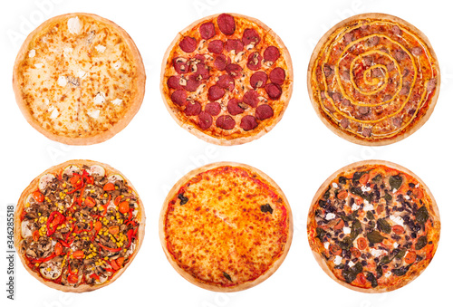 Set of the best Italian pizzas isolated on white background. Pizza quattro formaggi, pizza with salami, pizza Salsiccia,Veggie pizza, Margherita and pizza with feta, spinach and olive