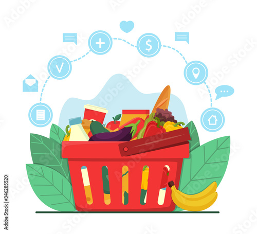 Online grocery shopping and delivery concept. Red plastic shopping basket full of groceries products. Grocery store. Healthy organic fresh natural food. Supermarket. Online ordering and delivery icons