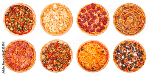 Set of different hot pizzas with various ingredients and delicious melted cheese, isolated on white background, top view