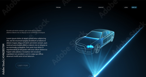 Hologram auto, futuristic polygonal model auto. 3D isometric image of a smart or intelligent car.  Smart auto ai hud. Driverless car working modes vector illustration.