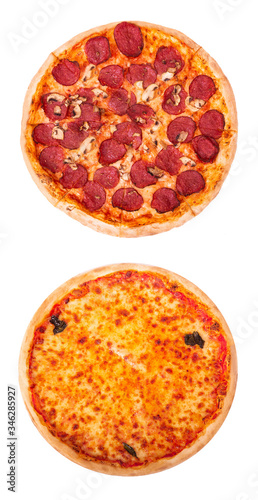 Set of two delicious pizza isolated on white background, top view. Pizza with salami and mushrooms and pizza Margherita