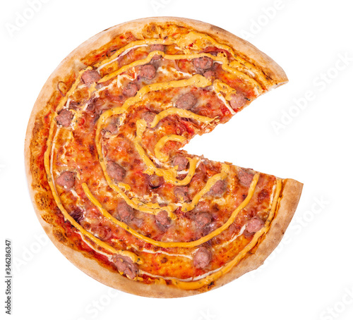Wallpaper Mural Cut pizza without one slice, isolated on white background with clipping path, top view. Salsiccia pizza with beef sausages, mozzarella, various sauces and marinated red onions Torontodigital.ca