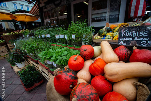 Photography One of the many vegetable stands in the open air market known as naschmarkt loca