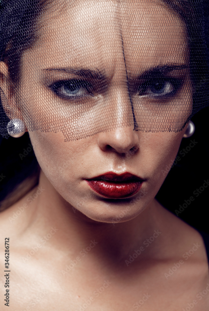 beauty brunette woman under black veil with red manicure close up, grieving widow, halloween makeup luxury beauty brunette woman under black veil with red manicure close up, grieving widow, halloween makeup luxury