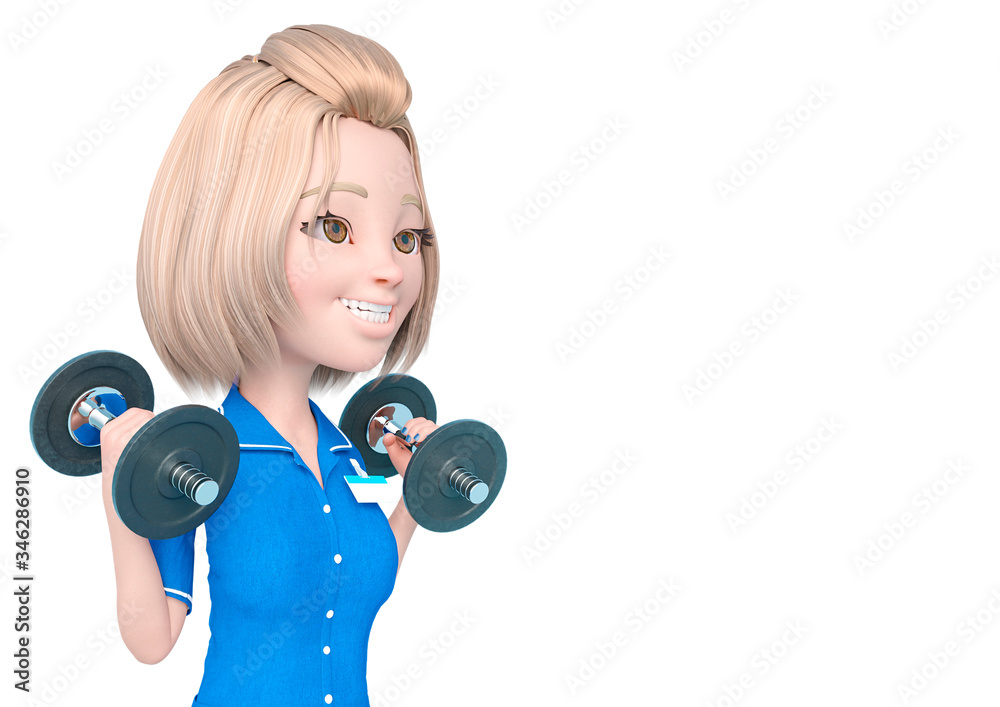 blond nurse cartoon is doing some workout exercise with the dumbbells close up with copy space blond nurse cartoon is doing some workout exercise with the dumbbells close up with copy space