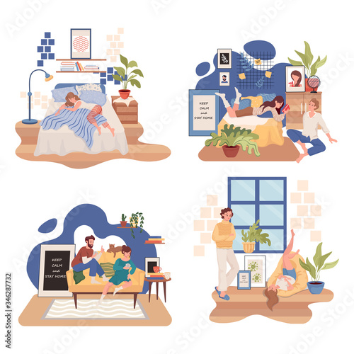 People staying at home during global outbreak of Coronavirus Covid-19 vector flat illustration.