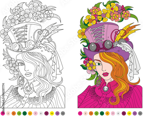 Сolor by number - educational game. Picture coloring. Girl in the Steampunk   style.