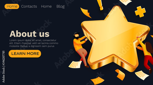 People flying around golden giant star. Rate, quality or feedback concept. Web site template.