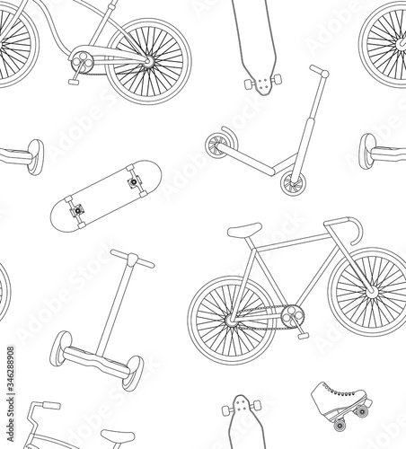 Vector seamless pattern of flat outline bicycle skateboard roller scooter and summer activities sport isolated on white background