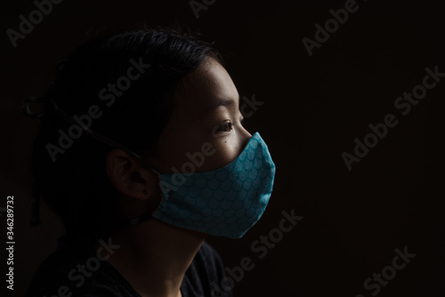 Portrait of girl wearing mask indoors photo