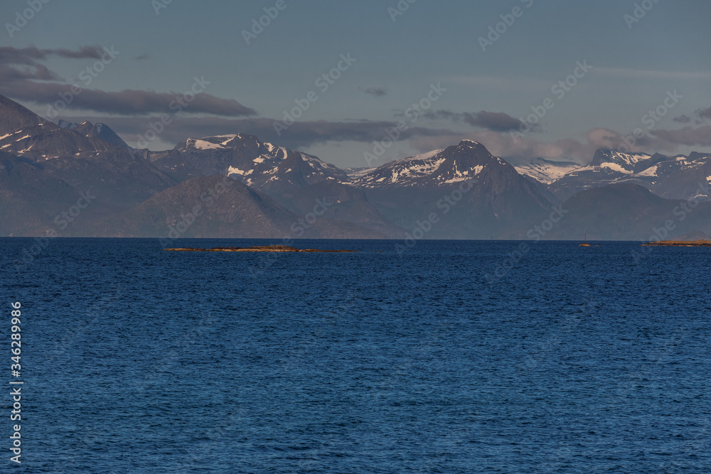 End of fjord. Beautiful Norwegian landscape. view of the fjords. Norway ideal fjord reflection in clear water In cloudy weather. selective focus