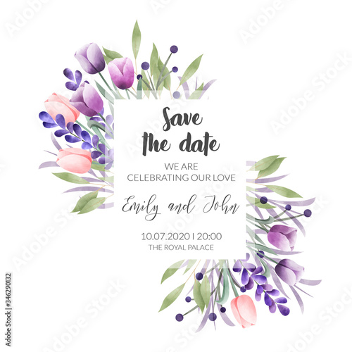 Watercolor floral frame. Wedding invitation card.