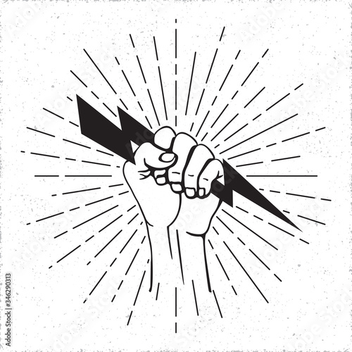 Hand or Fist Holding and Gripping Lightning Bolt Symbol over Rays Circle Trendy Style Sign Template for Your Logo - Black on Grunge Background - Hand Drawn Design