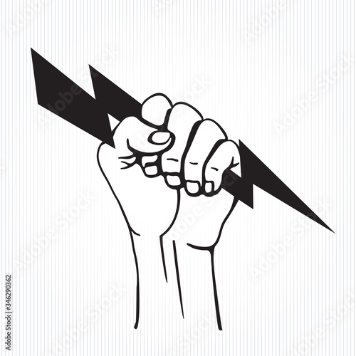 Hand or Fist Holding and Gripping Lightning Bolt Symbol Trendy Style Sign Template for Your Logo - Black on Striped Background - Hand Drawn Design