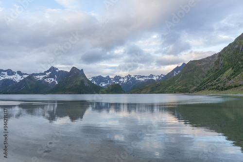 Beautiful Norwegian landscape. view of the fjords. Norway ideal fjord reflection in clear water