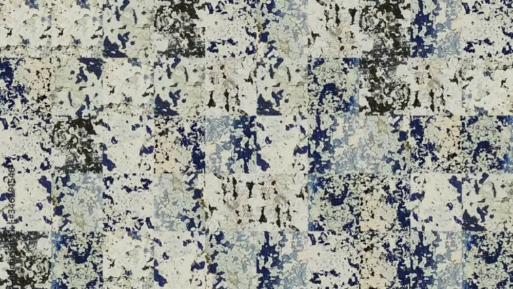 Abstract video of mosaic textures from elements of a gray cement wall with pieces of white blue peeling paint. Background design. Backdrop. Wallpaper. Abstract video of mosaic textures from elements of a gray cement wall with pieces of white blue peeling paint. Background design. Backdrop. Wallpaper.