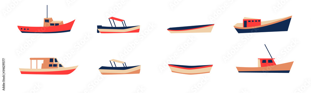 Fishing boat drawing set isolated on white. Colorful icon collection. Small ships in cute flat design. Kid toy style. Vector