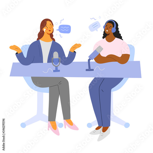Podcast host with guest talking, live broadcasting on air, radio program, people discussing news, recording a show, flat cartoon characters with microphones, vector illustration, speech bubbles