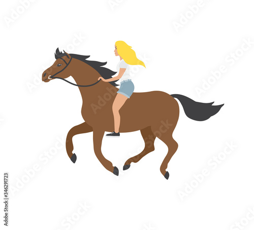 Vector flat cartoon hand drawn blond girl riding brown horse bareback isolated on white background