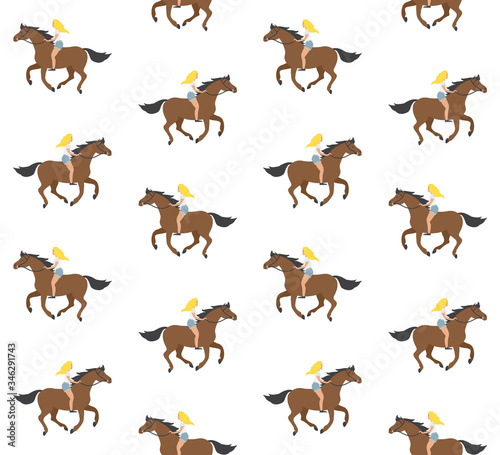 Vector seamless pattern of flat cartoon hand drawn blond girl riding brown horse bareback isolated on white background