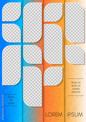 Template for photo collage or infographic in modern style. Frames for clipping masks are in the vector file. Template for a photo album with leaves shapes frames and gradient