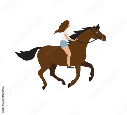 Vector flat cartoon hand drawn girl riding bay horse bareback isolated on white background