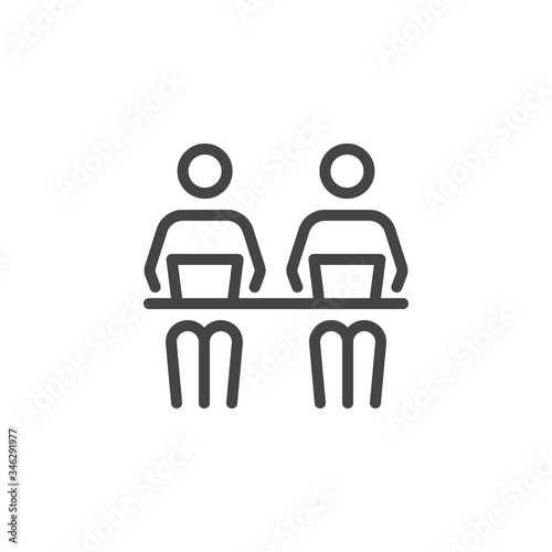 Co working Line Symbol Worker People With Laptops Designers-Development at the Desk. Icon in Outline Style From Pictogram Pack of Coworking, Workplace or Workspace. Custom Vector Sign Editable Stroke.