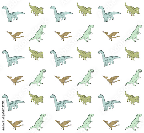 Vector seamless pattern of hand drawn doodle sketch different colored dinosaur isolated on white background