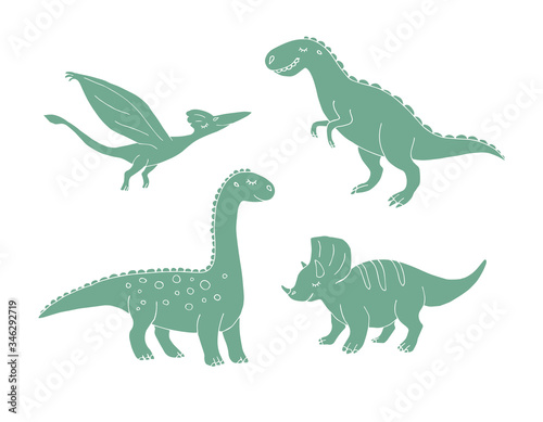 Vector set bundle of hand drawn doodle sketch different green dinosaur isolated on white background