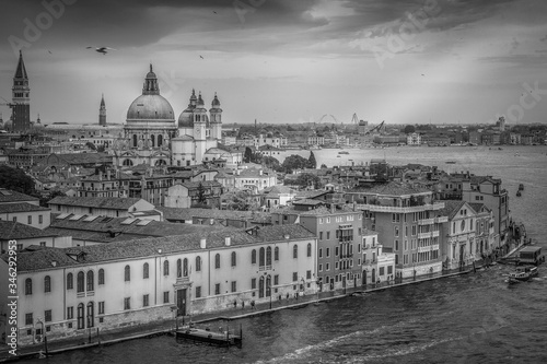 Black and white effect of aerial view of Basilica della Salute, Venice, Italy