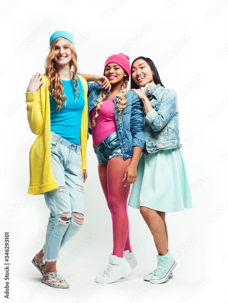 Fototapeta premium diverse nation girls group, teenage friends company cheerful having fun, happy smiling, cute posing isolated on white background, lifestyle people concept